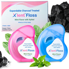 Expandable charcoal dental floss mint flavor 50m container (1st) showing packaging