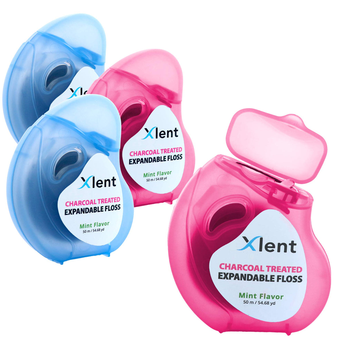 Fresh mint activated charcoal expandable floss in 4-count pack