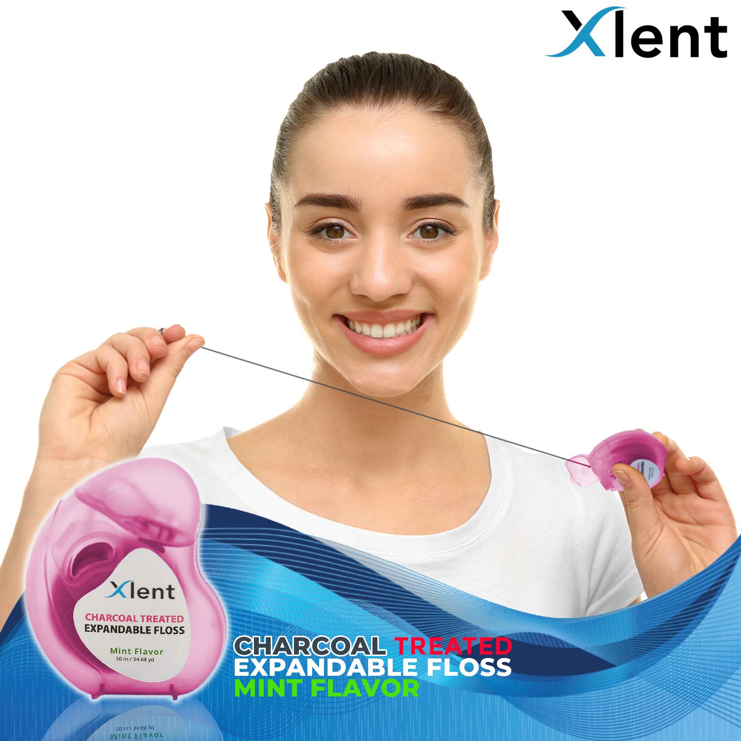 Close-up of floss expanding between teeth to reach plaque