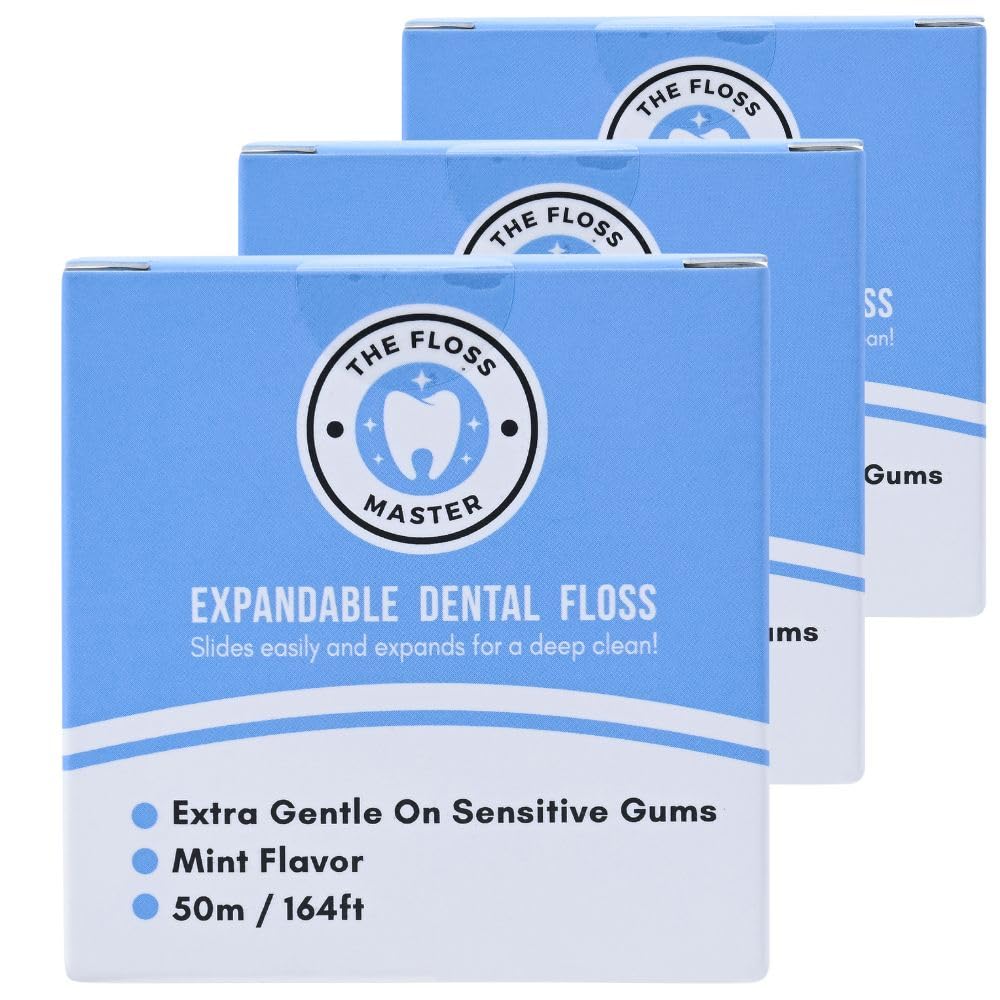 Expandable dental floss 3-pack with plastic-free dispenser showing 50 m length mint flavor