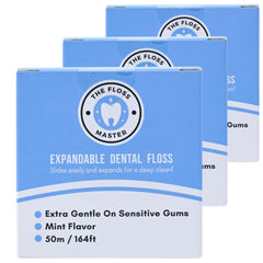 Expandable dental floss 3-pack with plastic-free dispenser showing 50 m length mint flavor