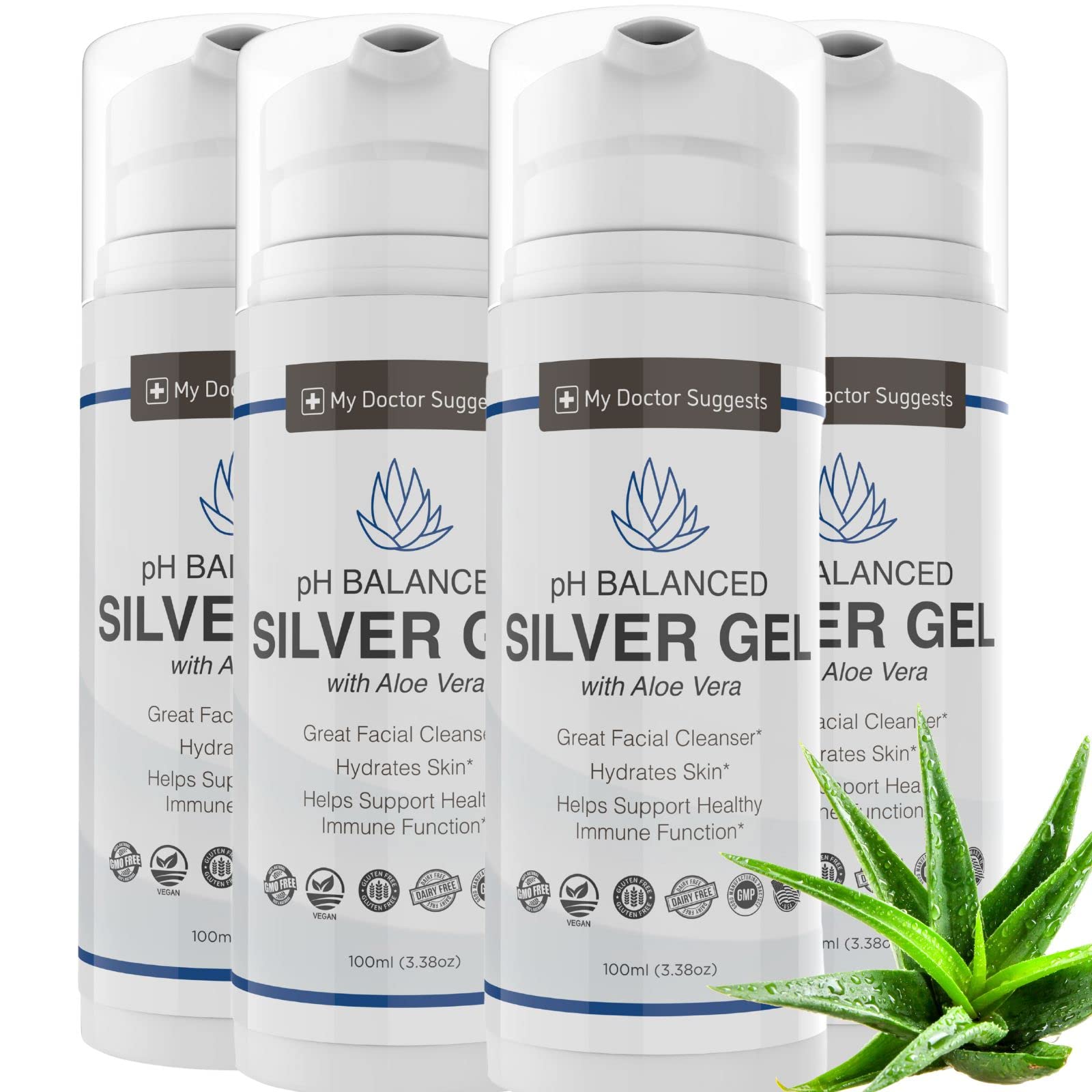 Front view of Extra Strength Colloidal Silver Gel 30ppm with Aloe in a 4-pack bottle