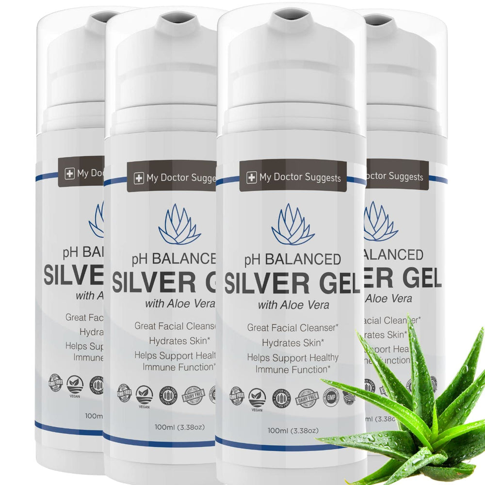Front view of Extra Strength Colloidal Silver Gel 30ppm with Aloe in a 4-pack bottle
