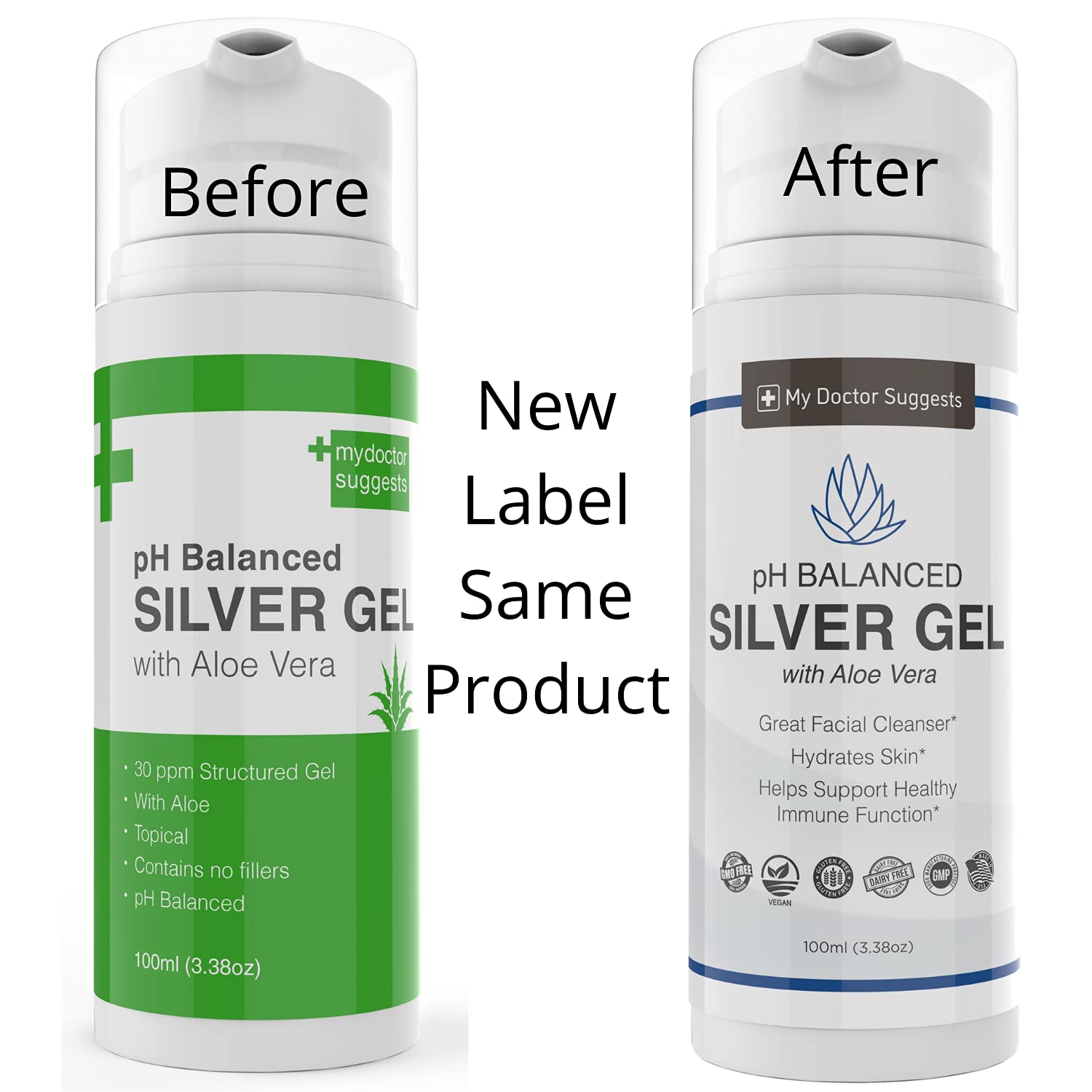 Rear view of aloe-enriched colloidal silver gel bottle in a 4-pack