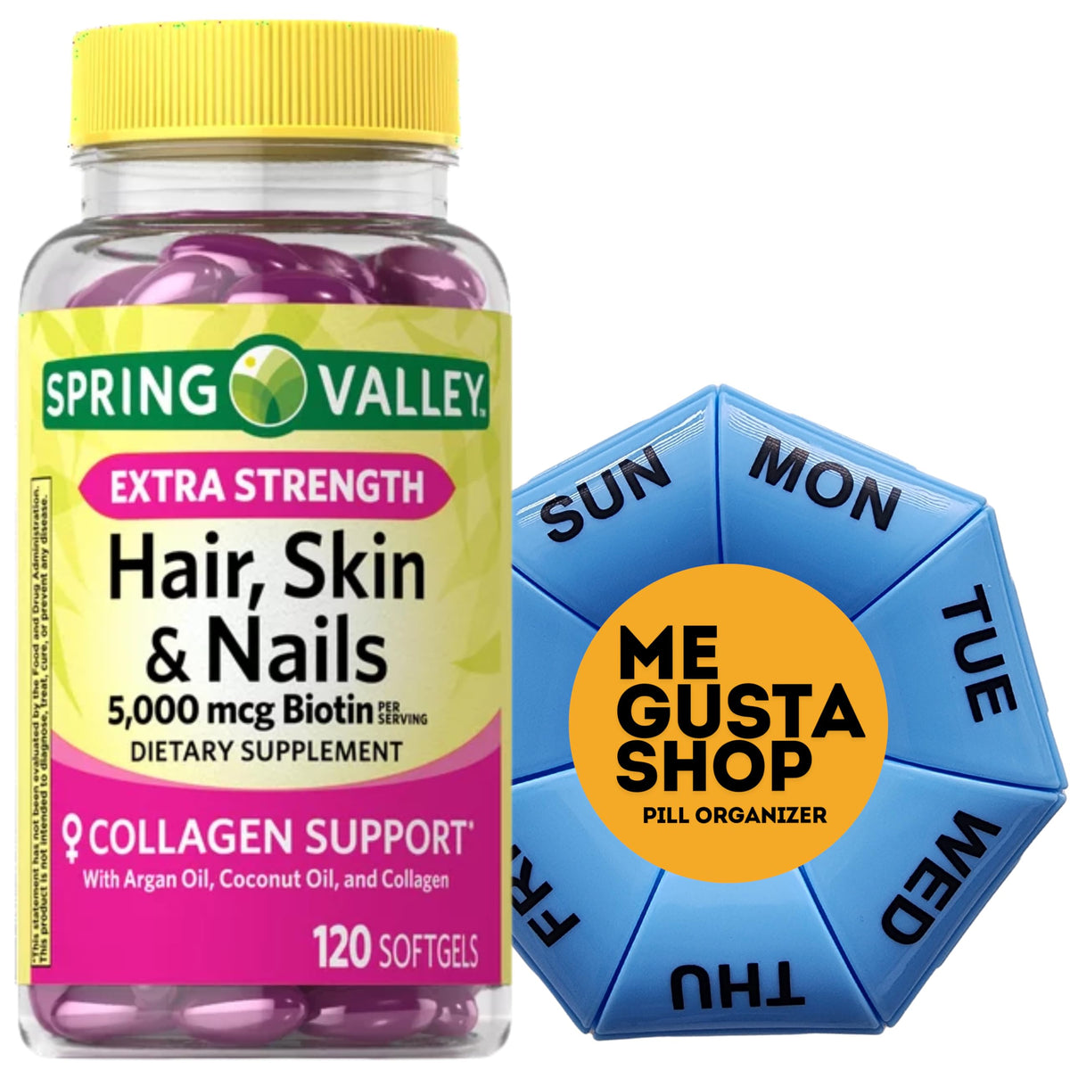 Spring Valley Extra Strength Hair Skin Nails bottle with pill organizer