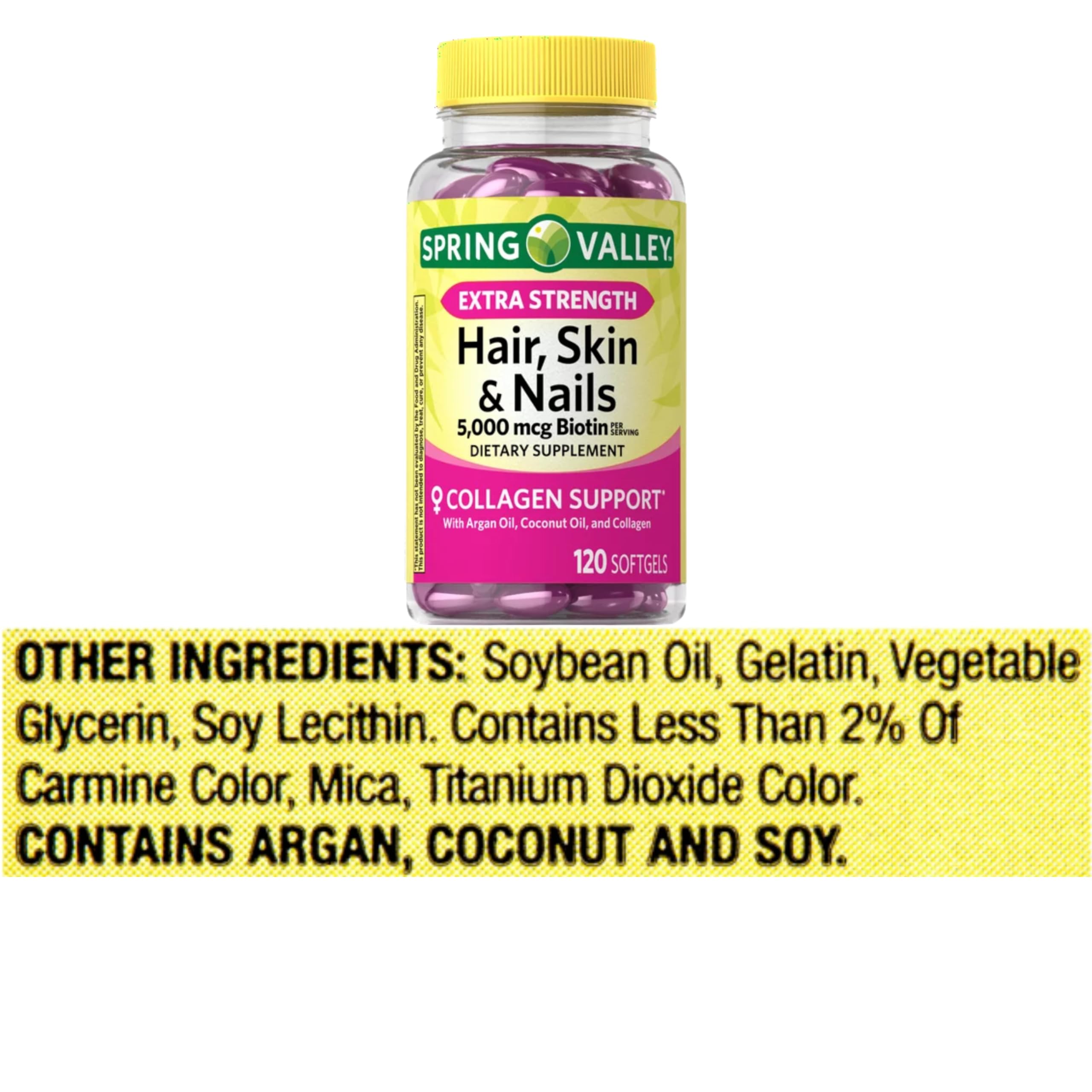 Front view of Spring Valley Hair Skin Nails bottle on white background