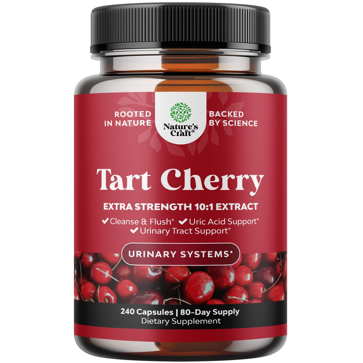 Front view of extra strength tart cherry capsules bottle with 7500mg dosage