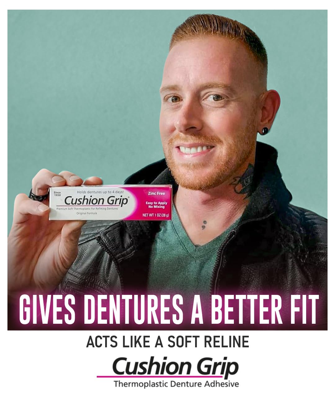 Unmatched hold close-up of denture adhesive