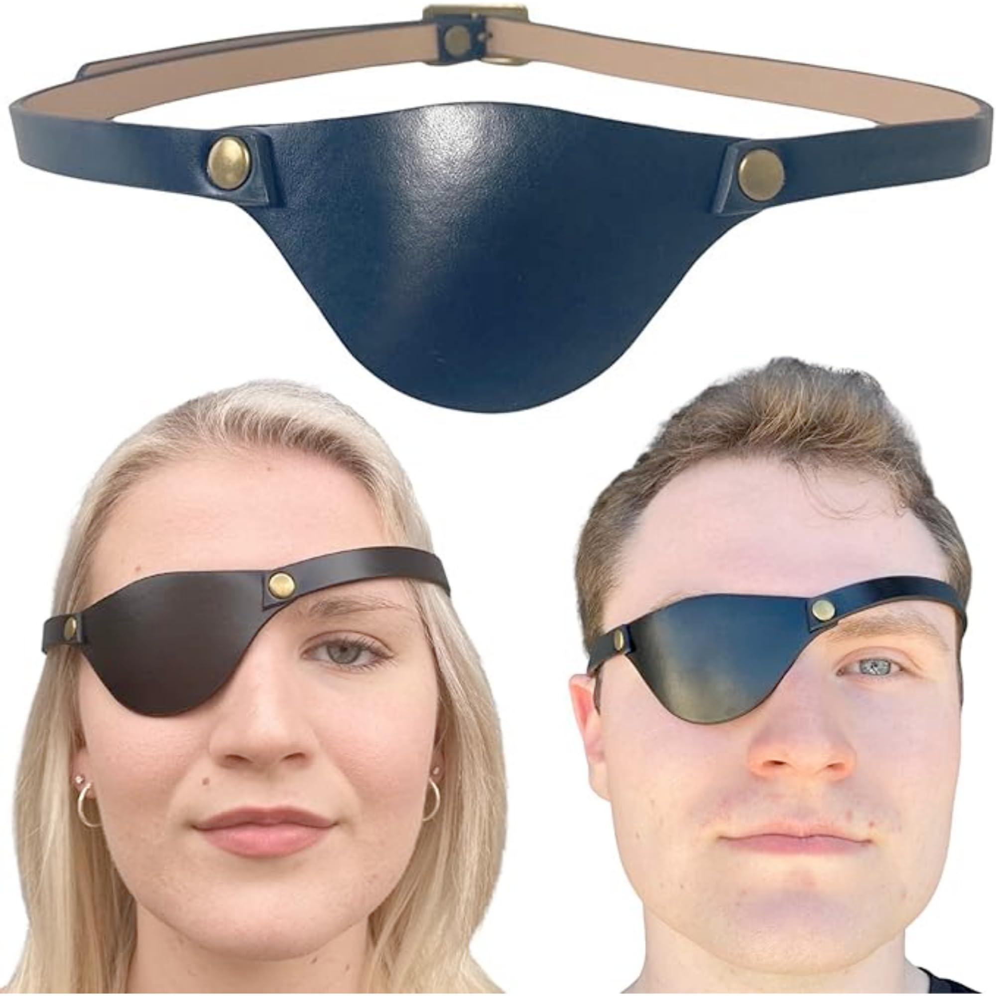Front view of Extraordinary Commissary black leather eye patch for adults