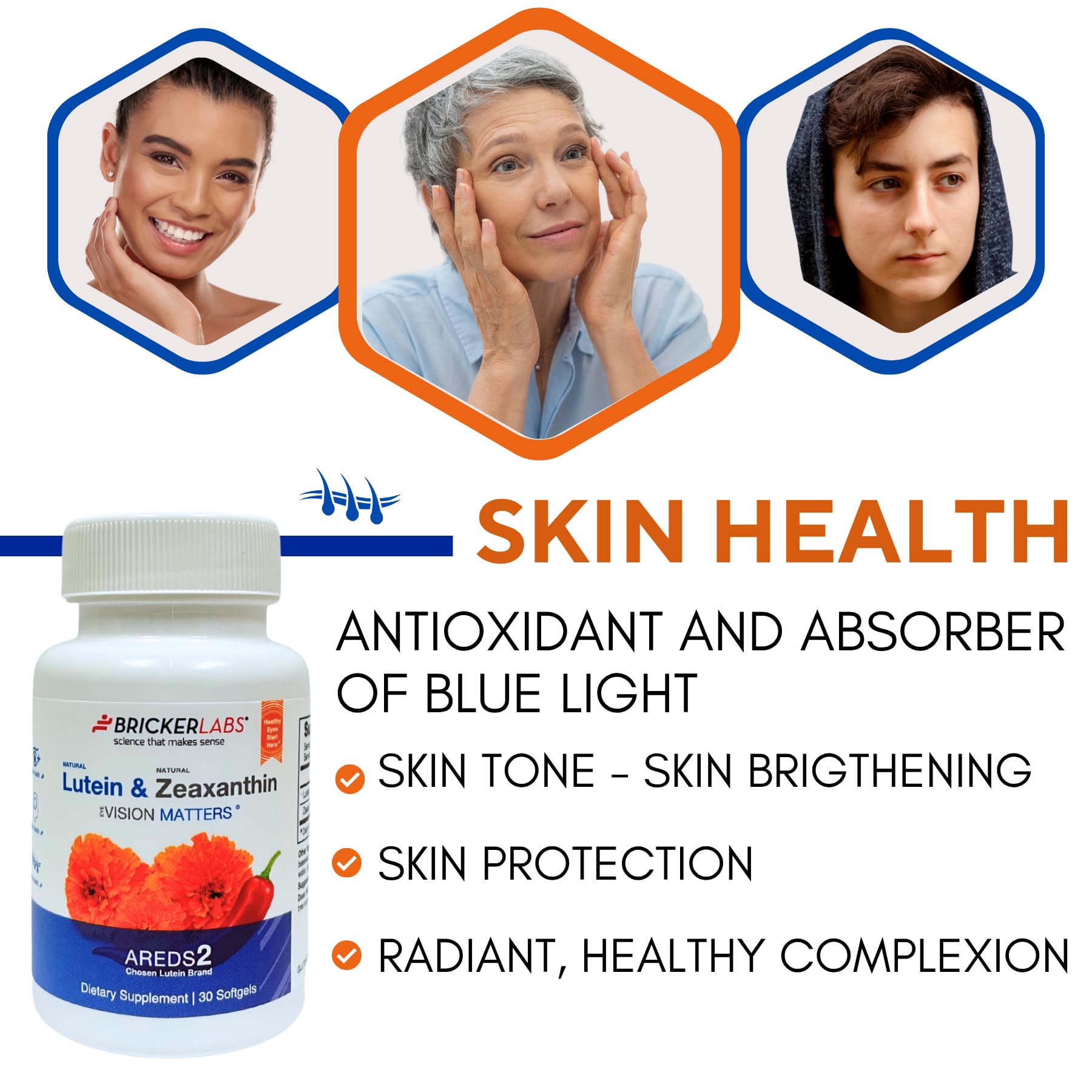 Graphic showing eye, brain, and skin health benefits