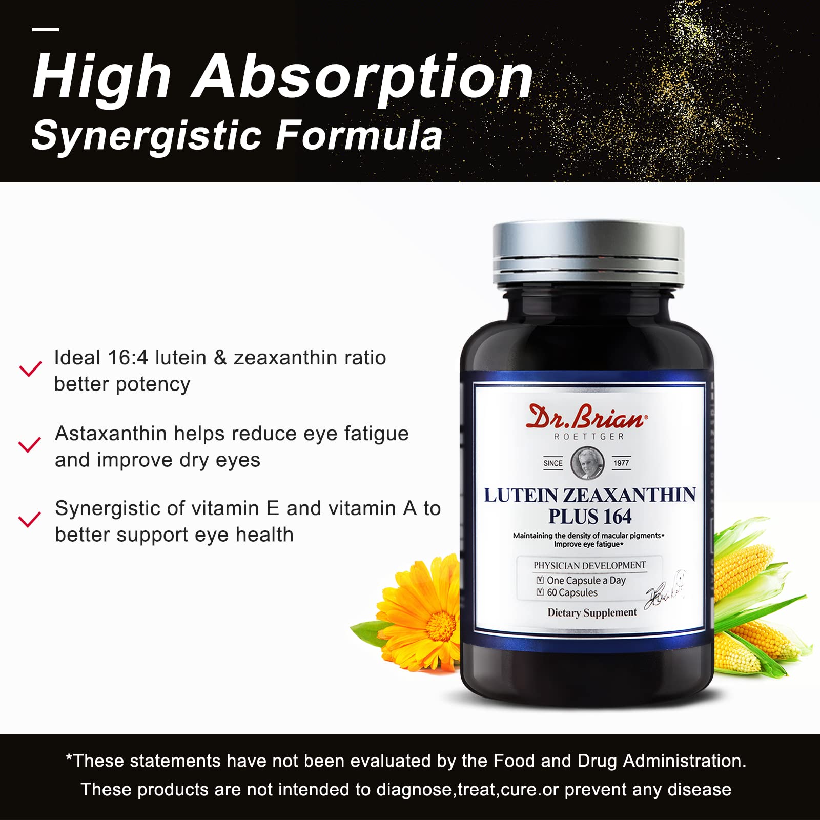 Ingredient breakdown showing lutein, zeaxanthin, astaxanthin, vitamins A and E