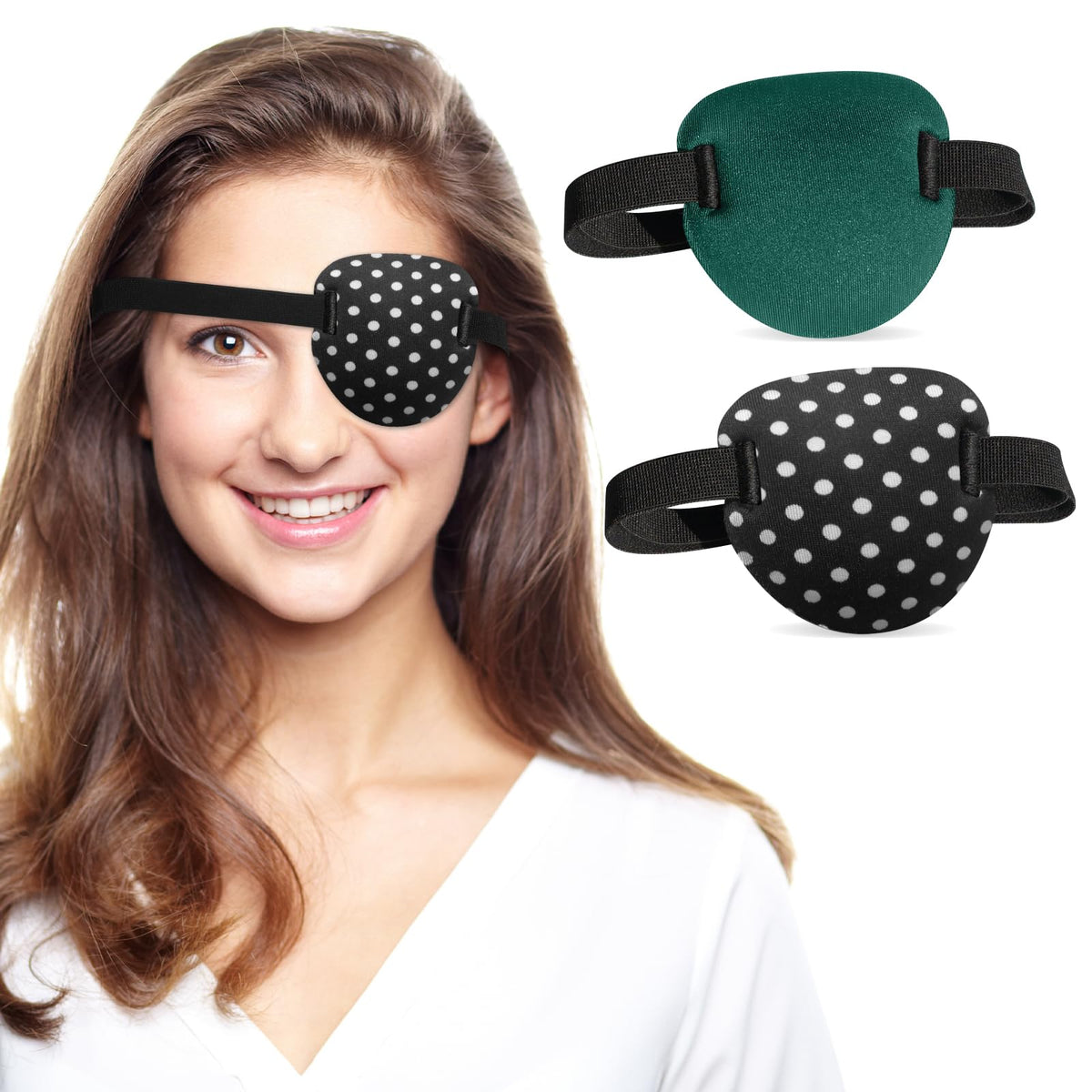 Front view of green and dotted 3D eye patch