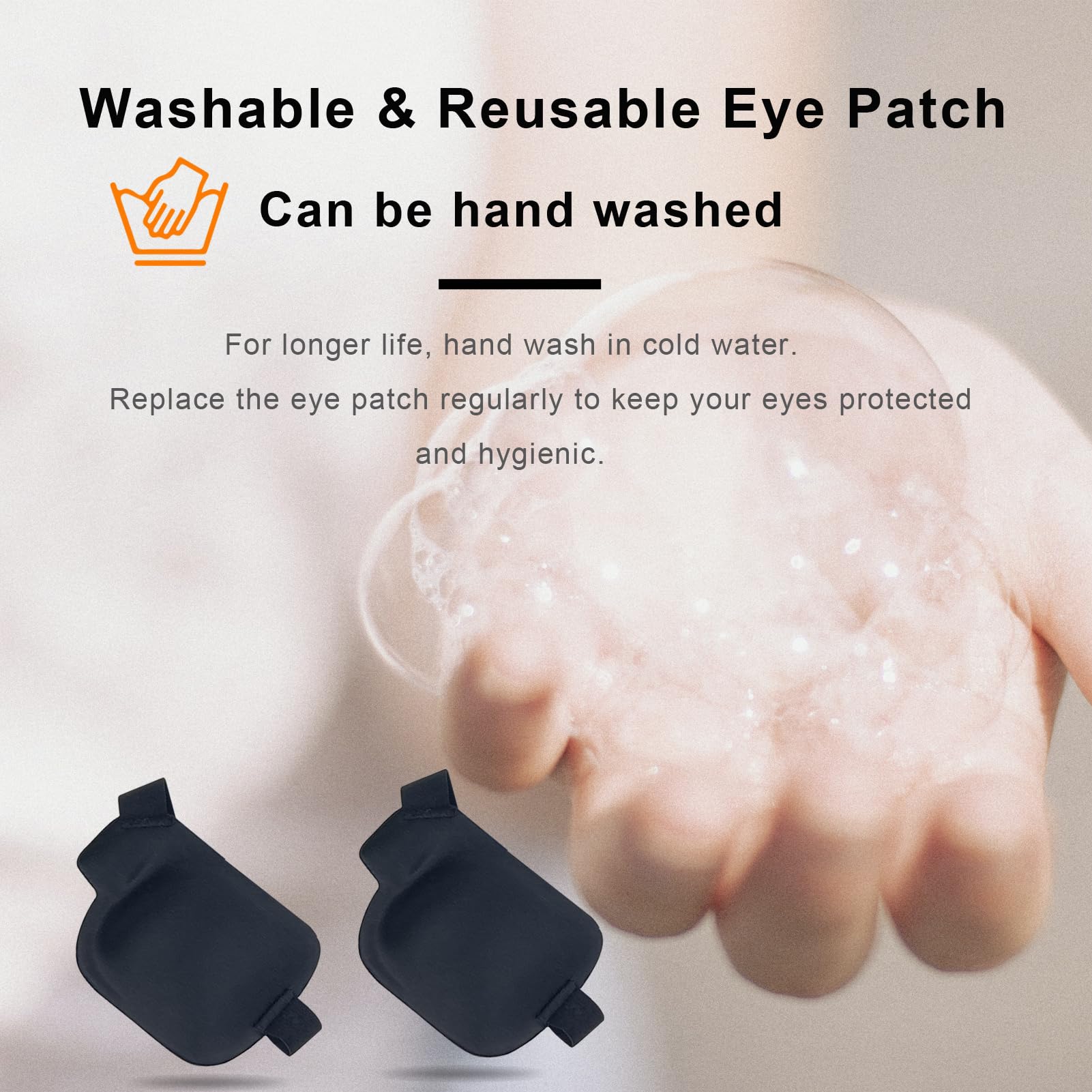 Left-eye patch shown on a head with adjustable strap