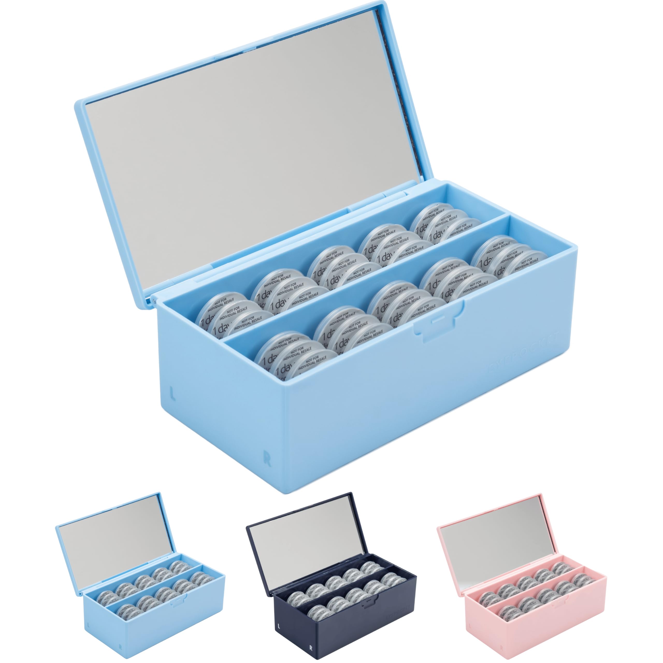 EYEPOCKET daily contact lens case in light blue with separate left and right compartments