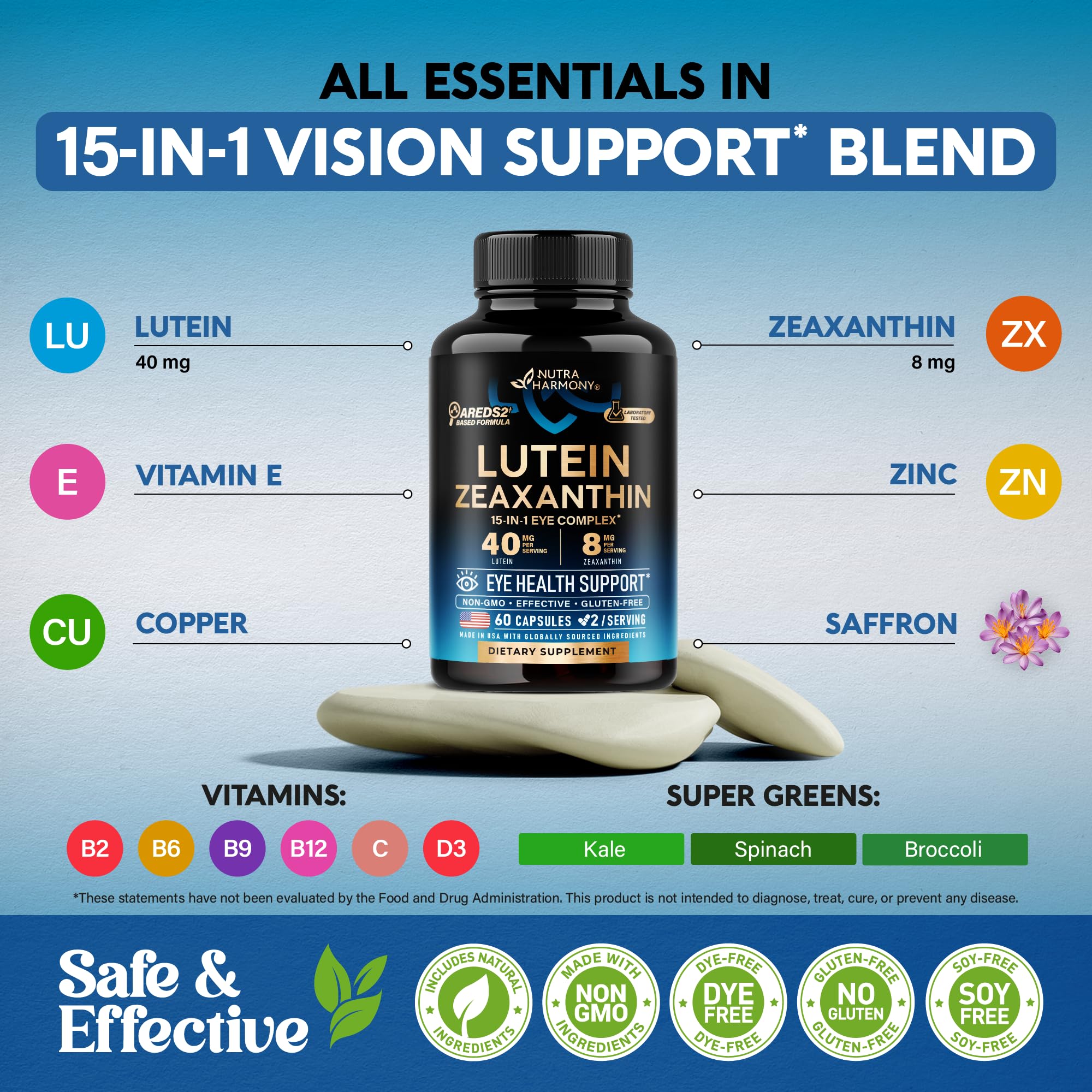 Vitamins B2, B6, B9, B12, C, and D3 included in eye health supplement