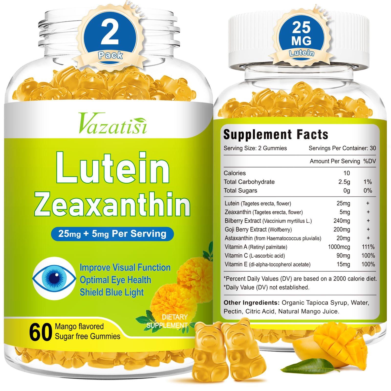 Bottle of Mango Lutein and Zeaxanthin gummies for eye health.