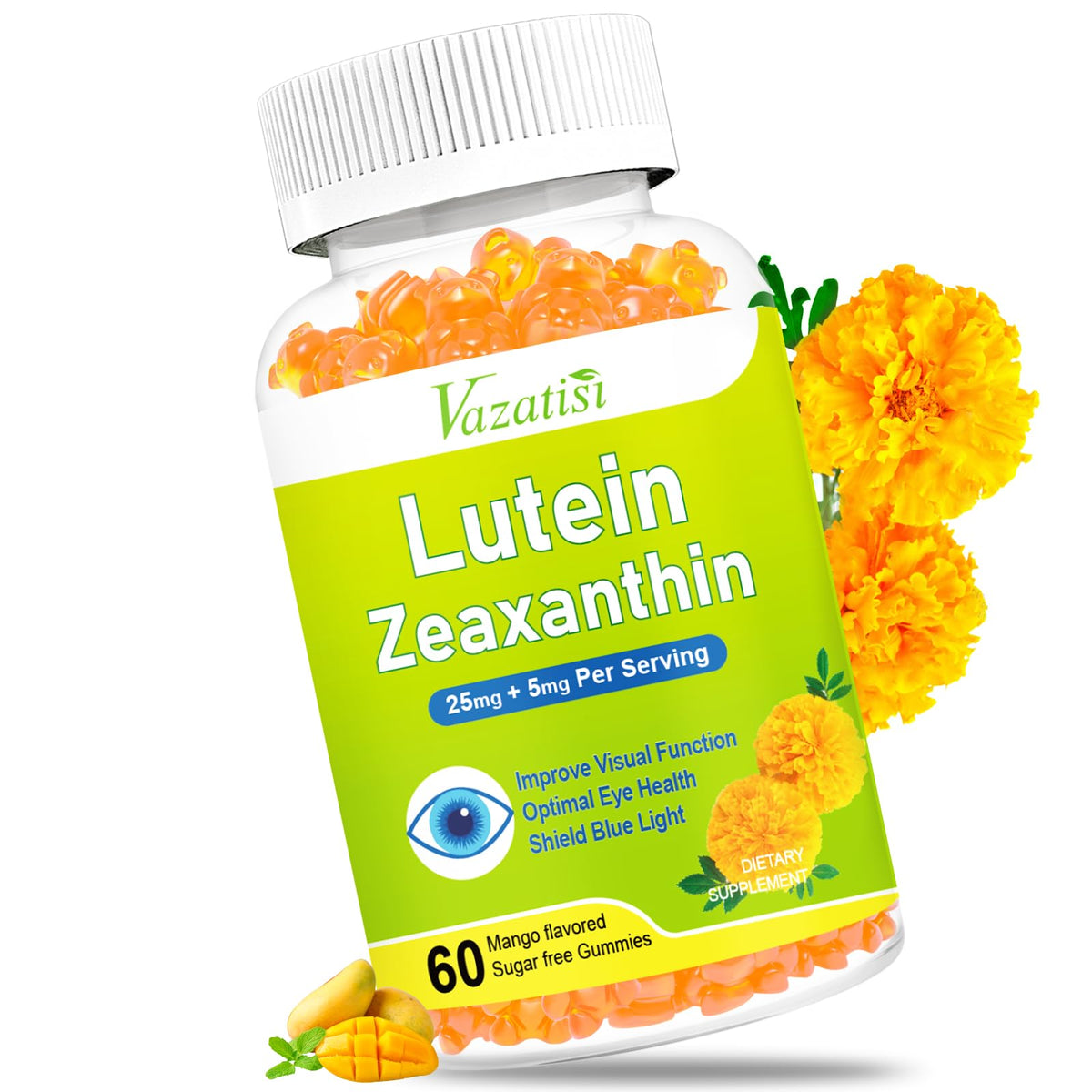 Bottle of mango-flavored Eye Vitamins Lutein & Zeaxanthin gummies, 60 count