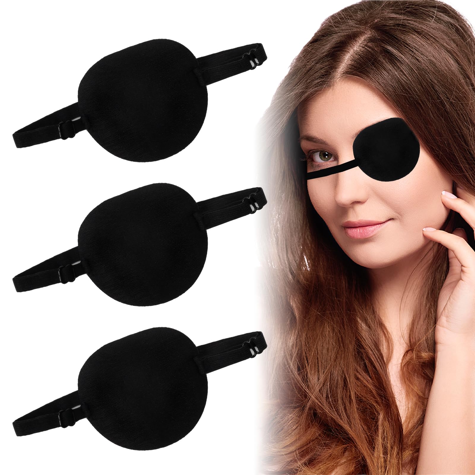 Four black left eye patches for adults and kids with adjustable elastic strap