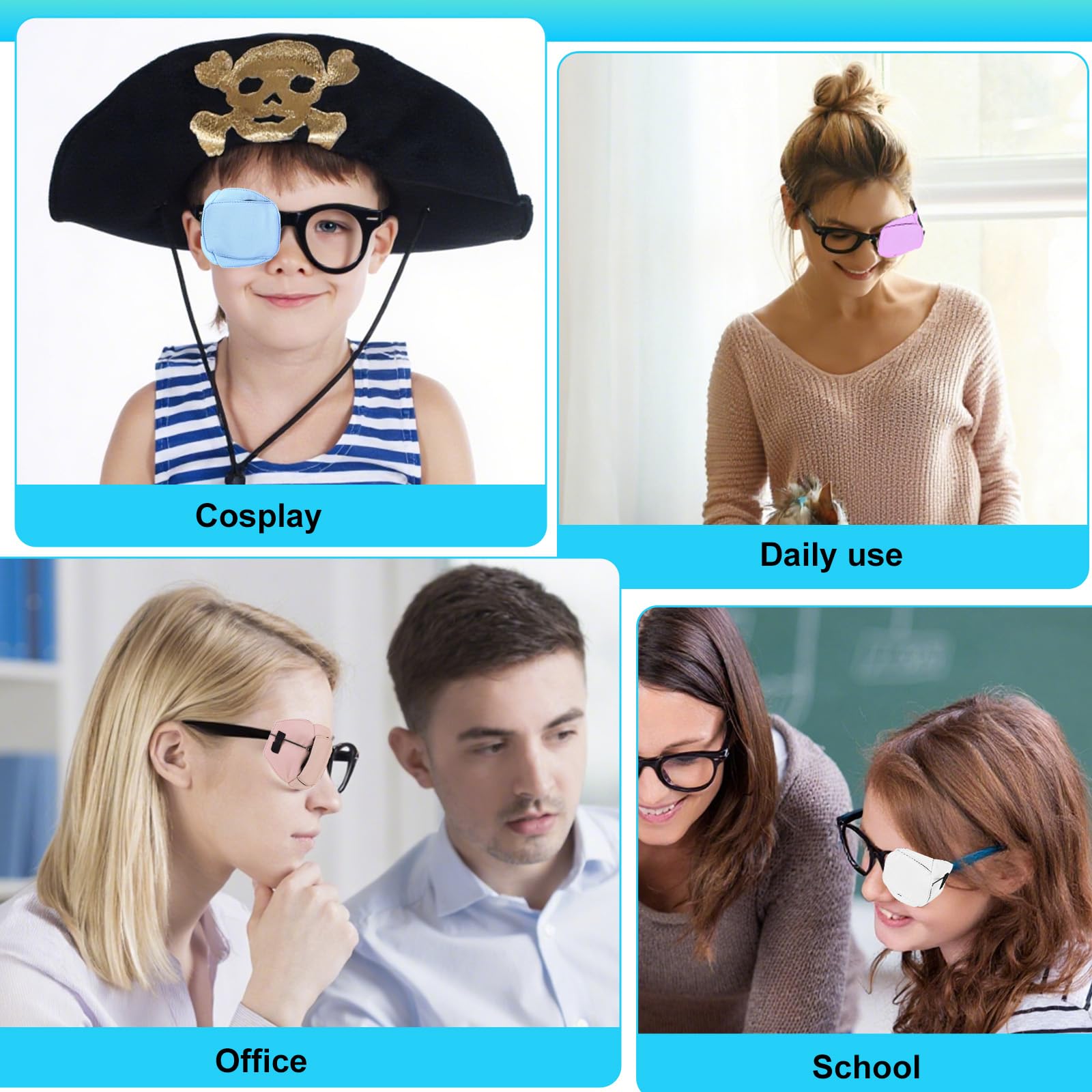 Package includes six eye patches for glasses