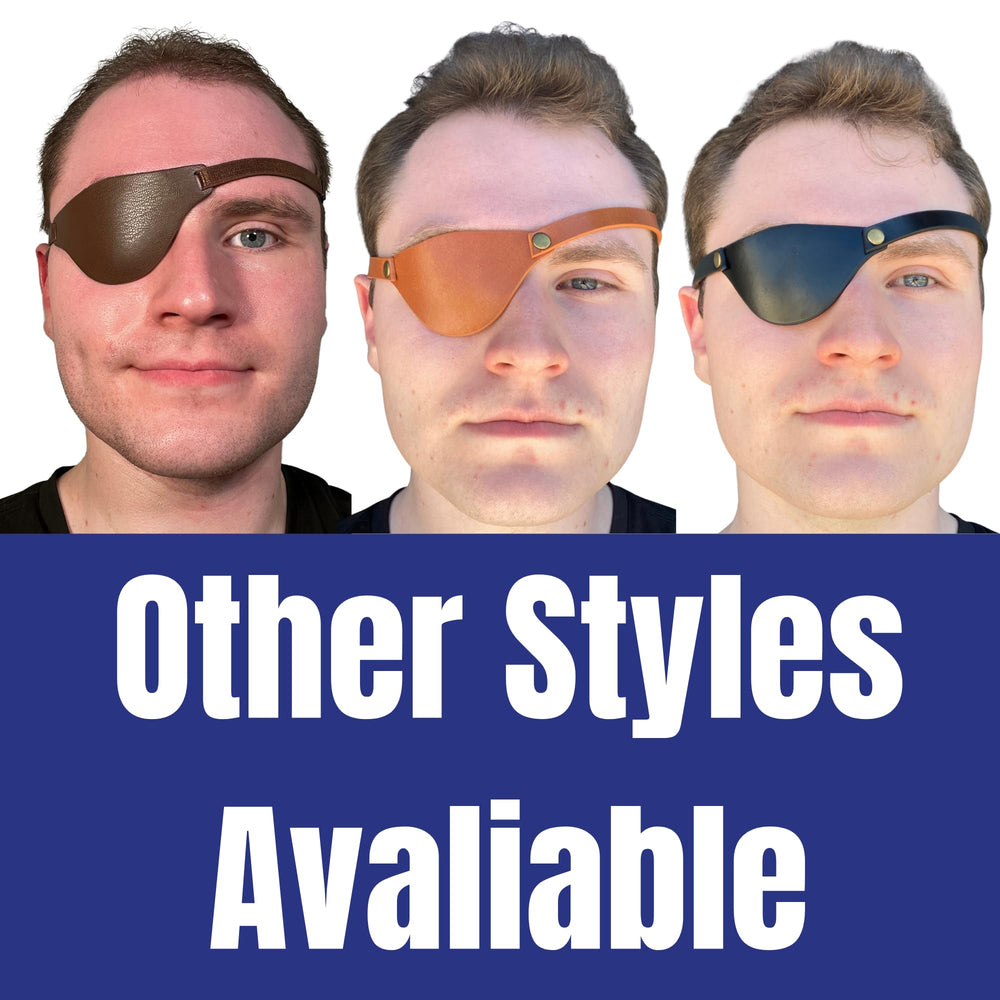 Eye patch worn under eyeglasses with brown leather