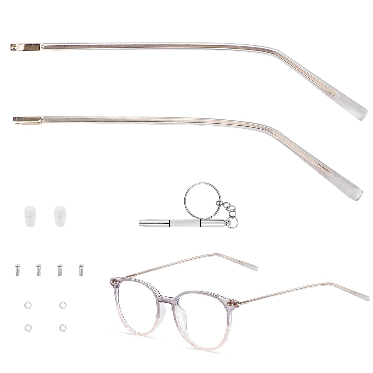 Gold eyeglass replacement arm with transparent leg and universal hinge fit