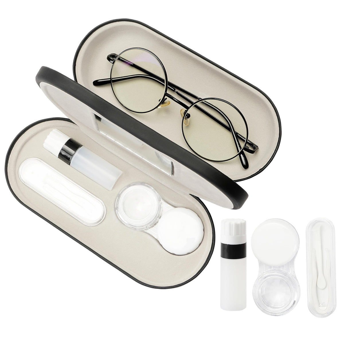 Double-sided eyeglass case exterior with built-in mirror