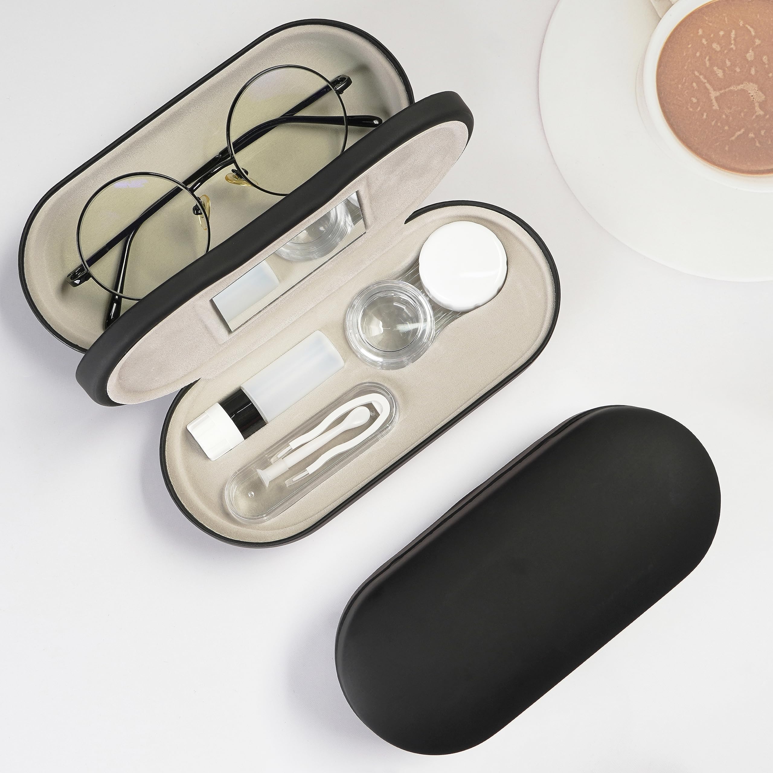 Travel-size eyeglass and contact lens box opened showing compartments