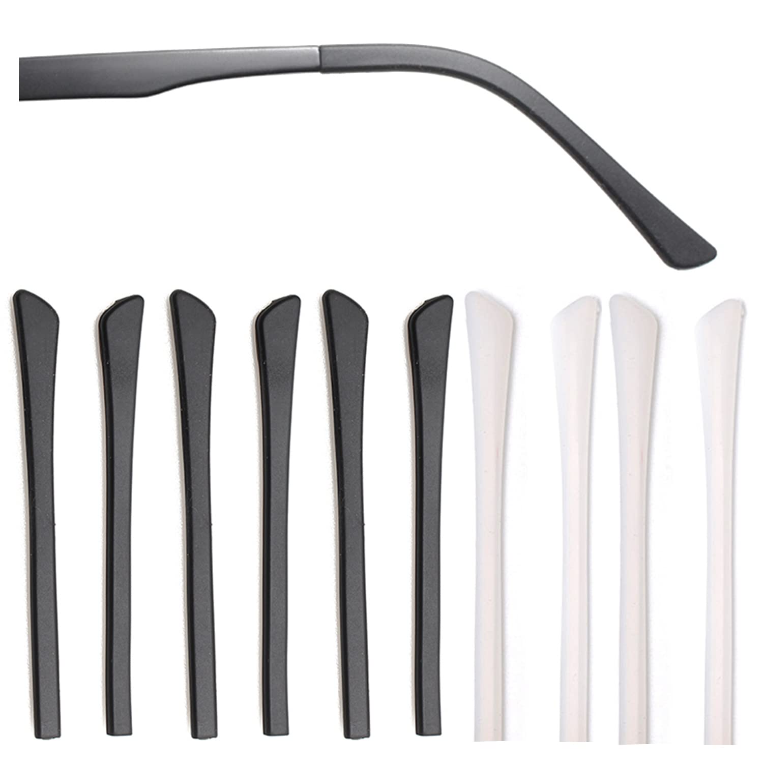 Three black anti-slip silicone eyeglass end tips on display