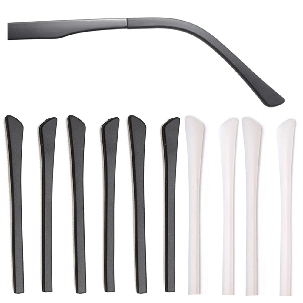 Three black anti-slip silicone eyeglass end tips on display