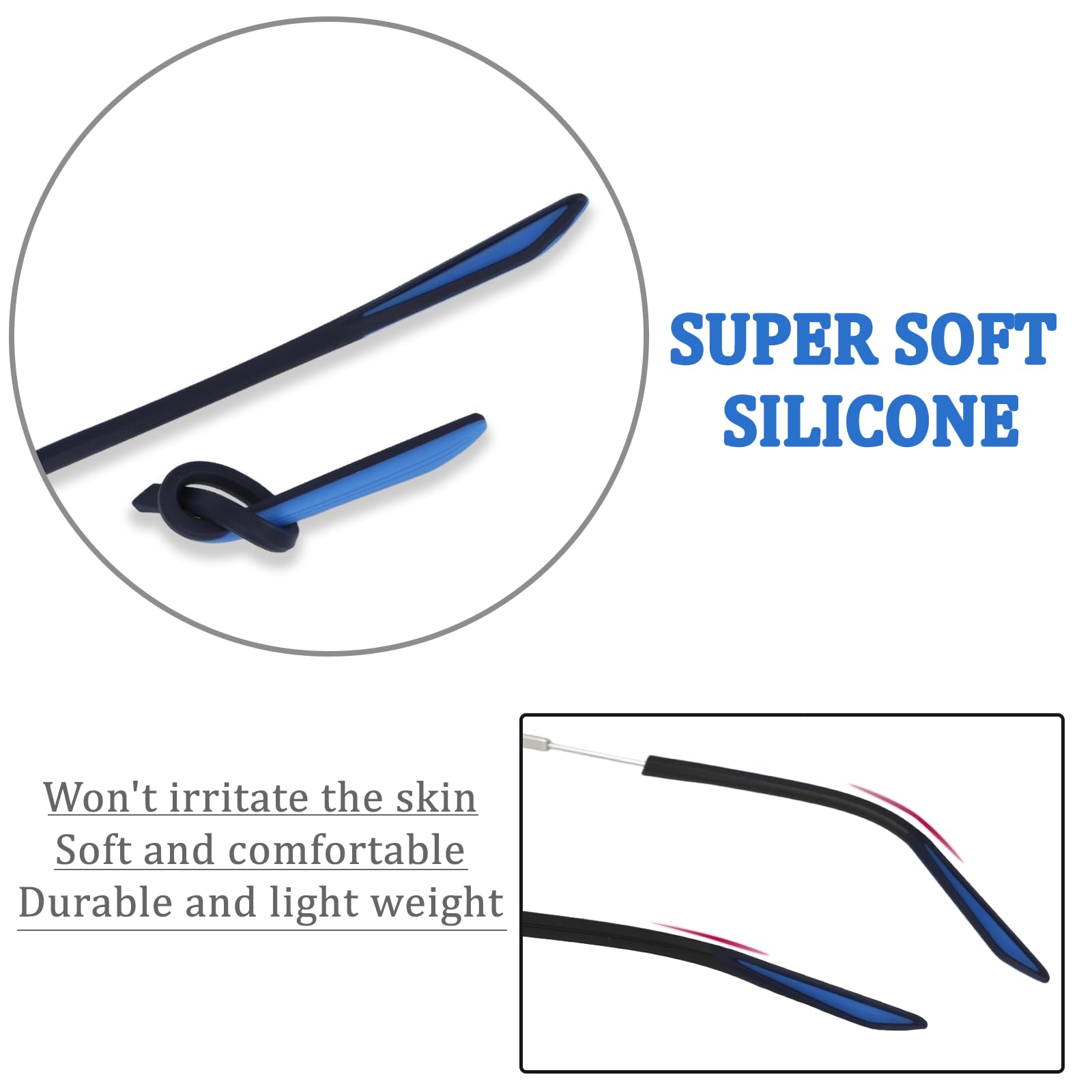 Black and blue silicone end tips on glasses