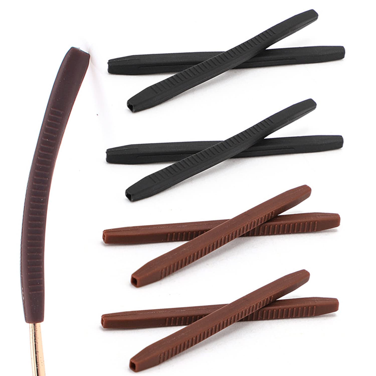 Silicone anti-slip eyeglass end tip on thin metal leg (0.1-0.16 in)