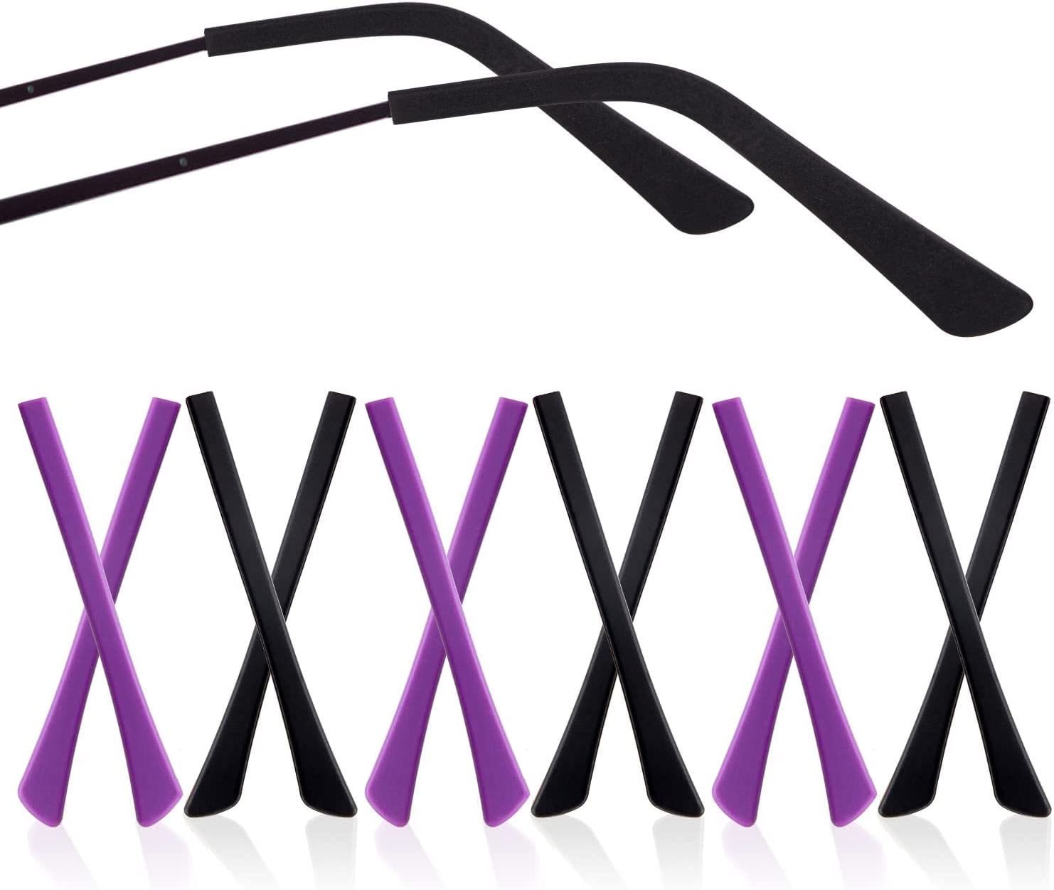 Package of 12 silicone anti-slip eyeglass end tips in black and purple
