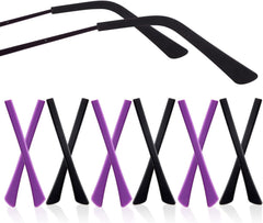 Package of 12 silicone anti-slip eyeglass end tips in black and purple