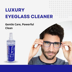 Close-up: Cleaning spray applied to eyeglass lens