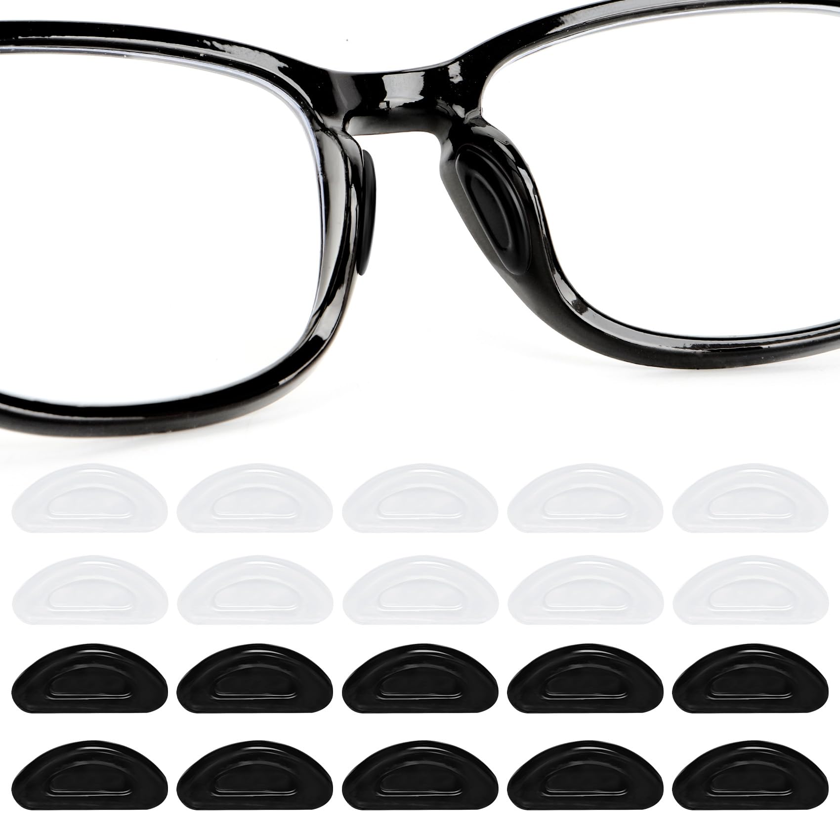 Package includes 10 pairs of clear and black eyeglass nose pads