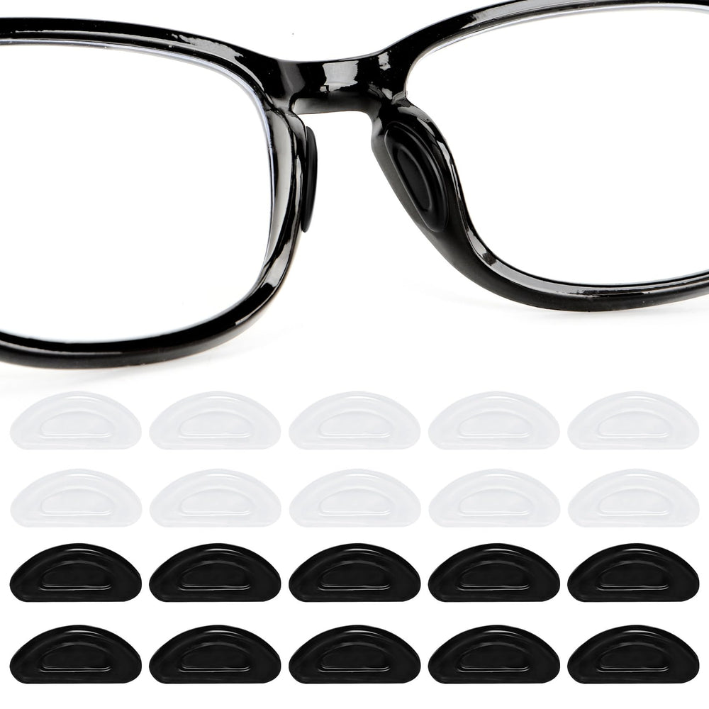 Package includes 10 pairs of clear and black eyeglass nose pads