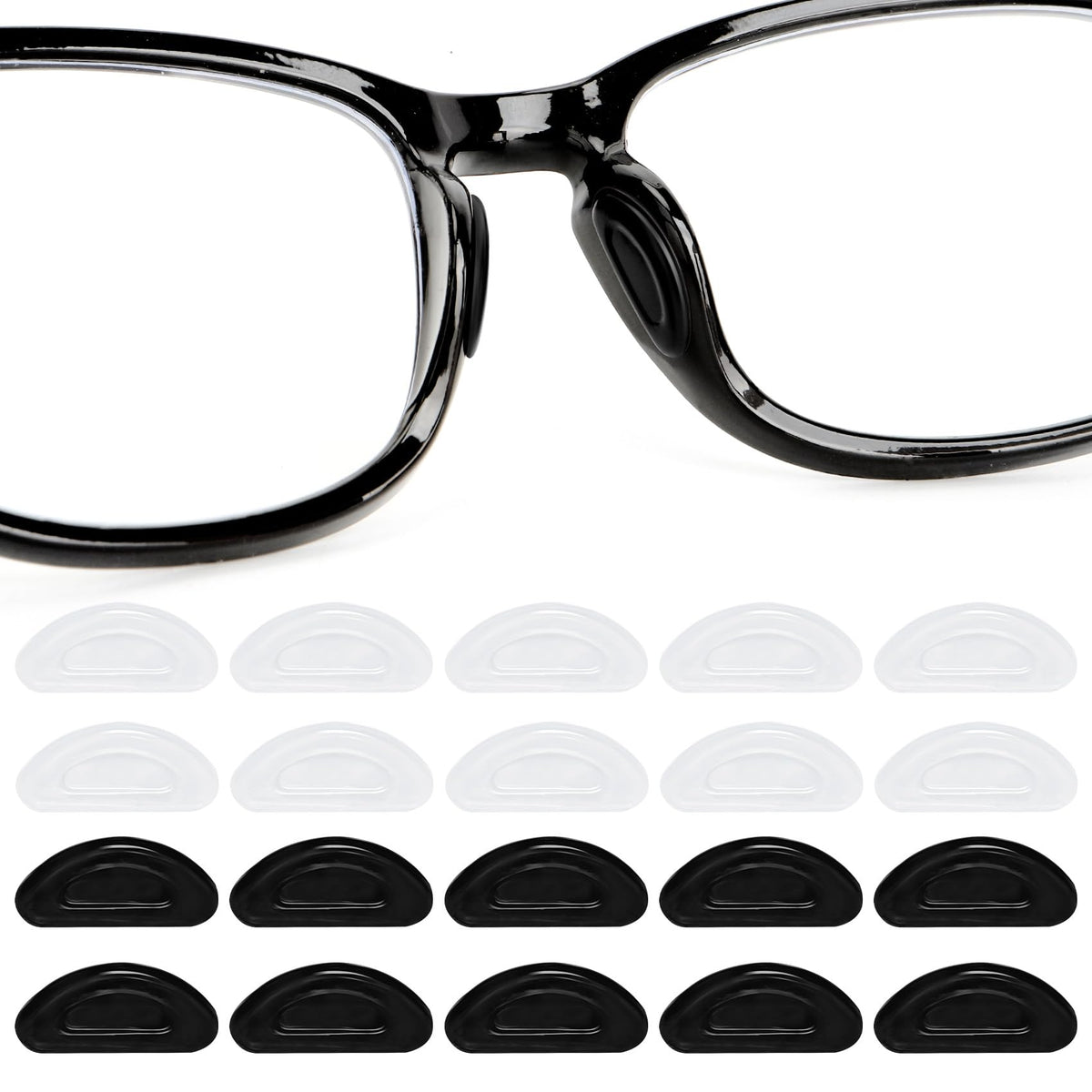 Package includes 10 pairs of clear and black eyeglass nose pads