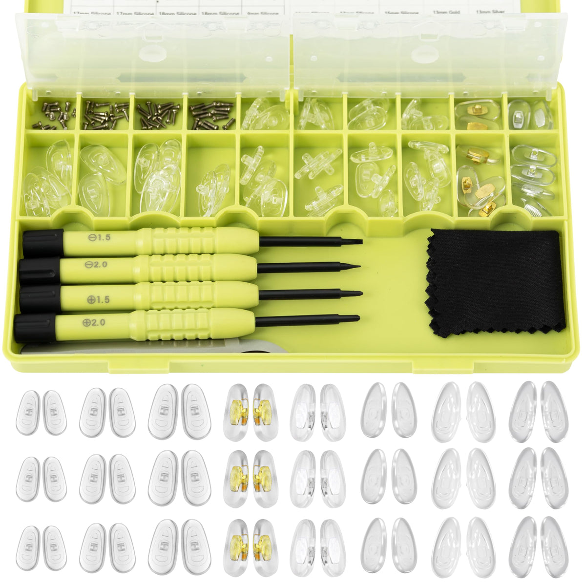 Eyeglass nose pads replacement kit with 24 pairs in eight sizes