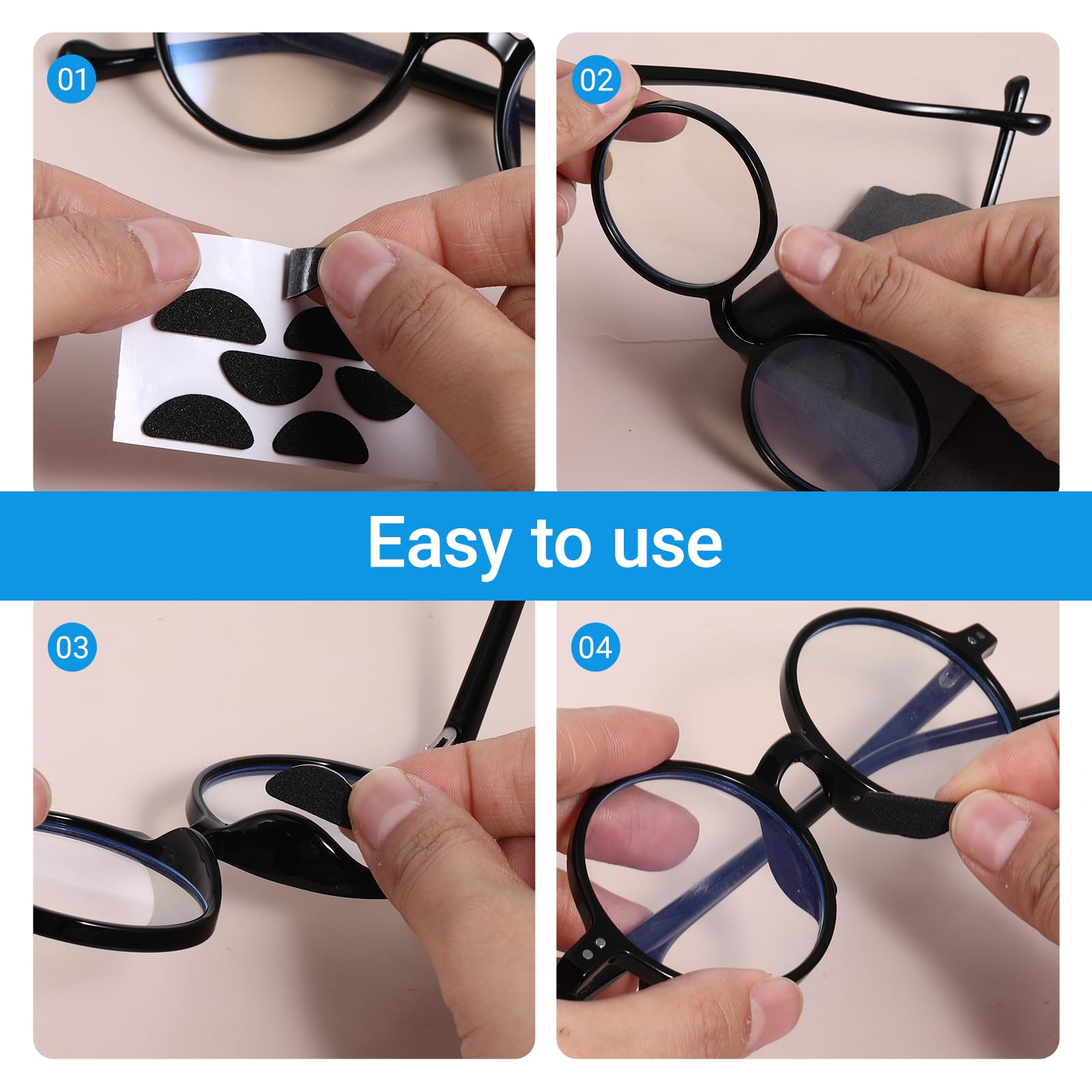 Nose pads installed on full plastic eyeglass frames