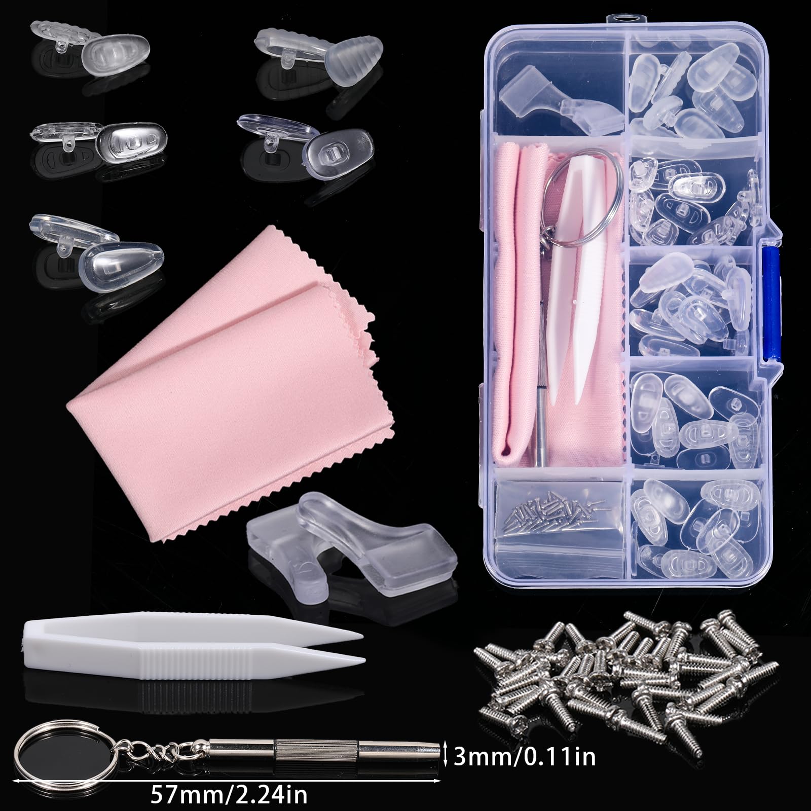 Package contents: 25 silicone nose pads, glasses cloth, screws, screwdriver, tweezers