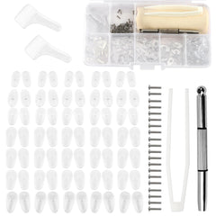 Contents of the Eyeglass Nose Pads Kit with 35 screw-in nose pads and tools