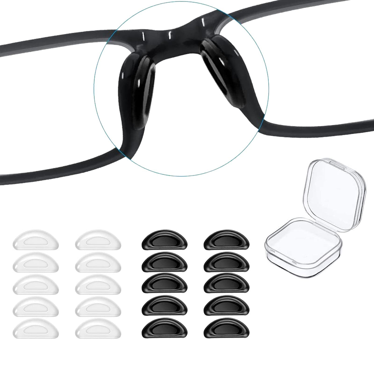 Black silicone half-moon eyeglass nose pads close-up
