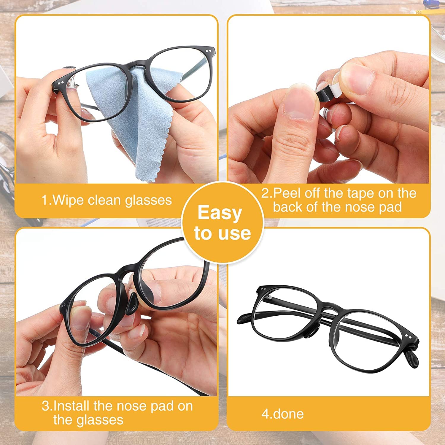 Clear silicone half-moon eyeglass nose pads close-up