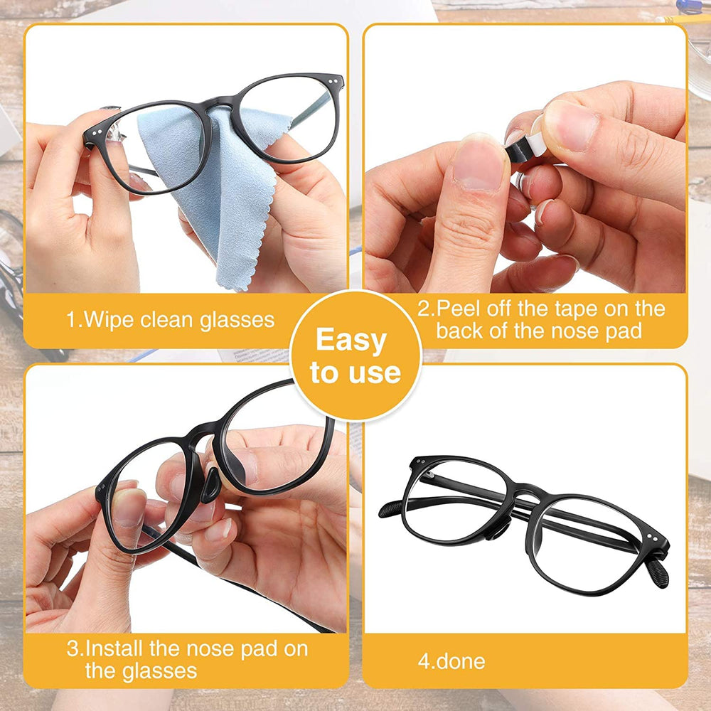 Clear silicone half-moon eyeglass nose pads close-up