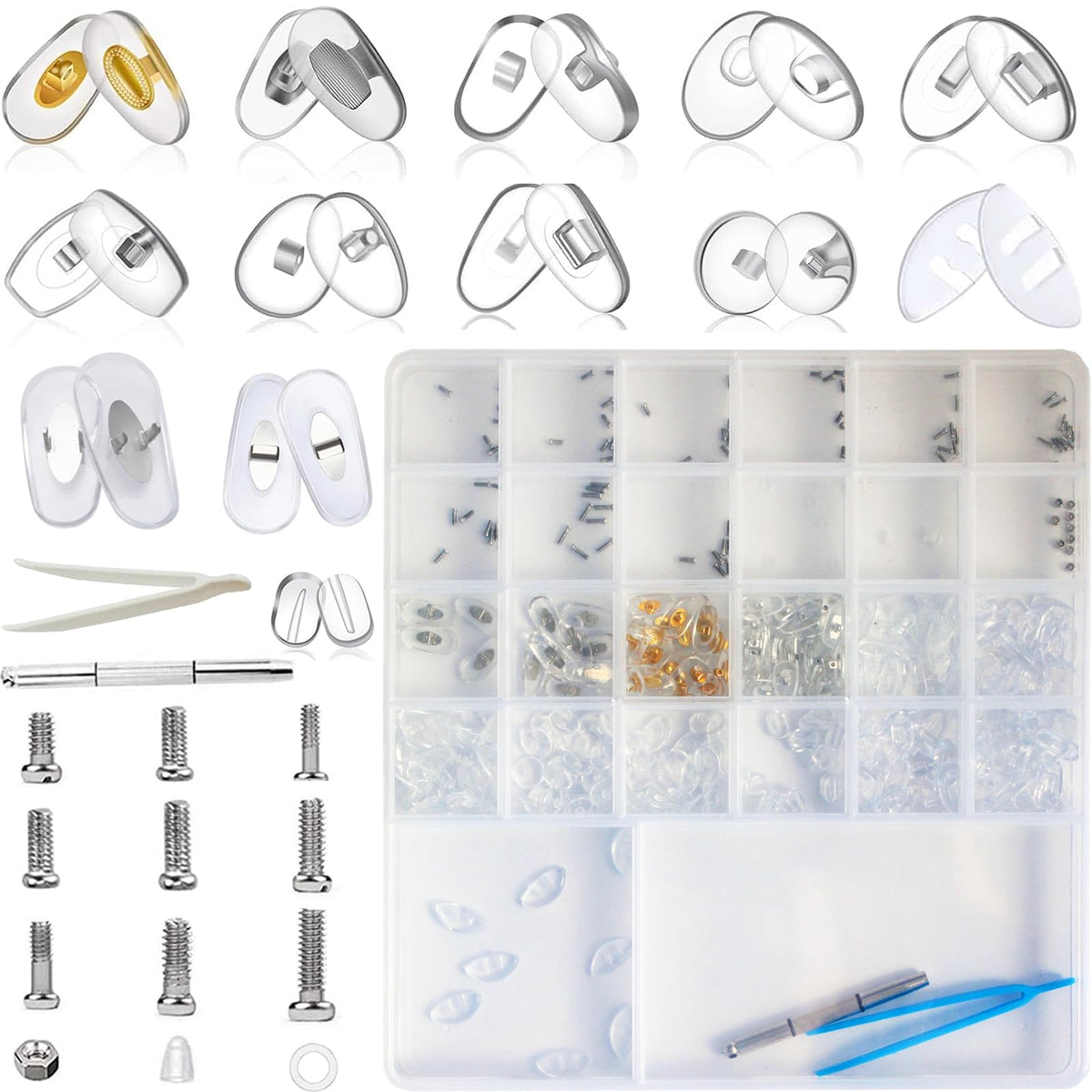 Contents of the eyeglass nose pad repair kit showing 13 nose pad types and 220 pieces