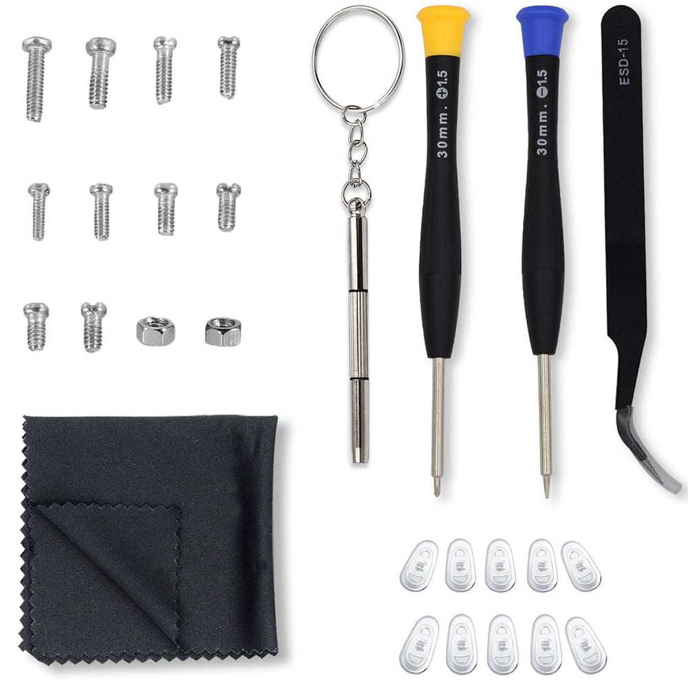 All-in-one Eyeglass Repair Kit contents including screws, nose pads, and cleaning cloth