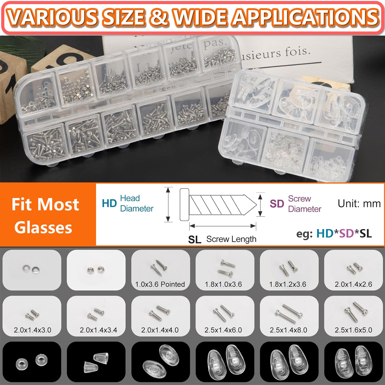 Case open showing two 12-grid and 6-grid plastic boxes for screws