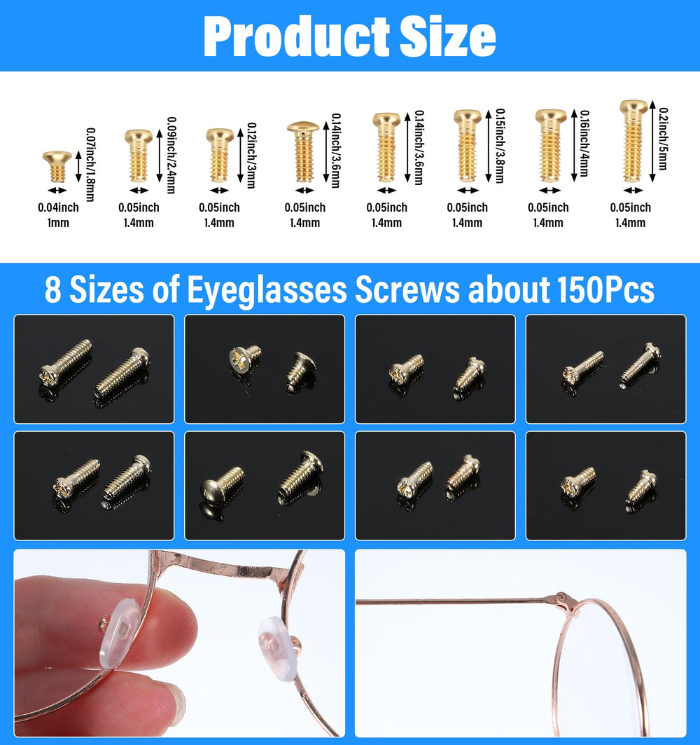 Assorted miniature eyeglass screws and small screwdrivers