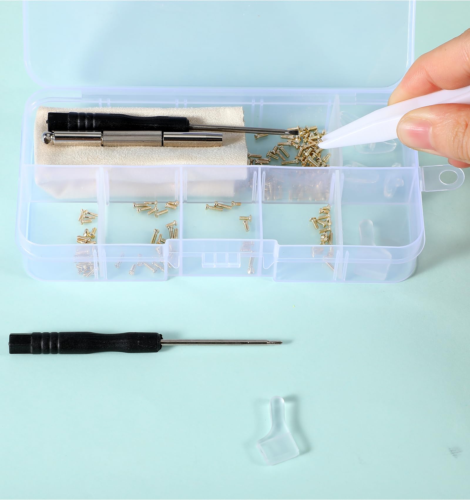 Portable plastic screw case for eyeglass repairs