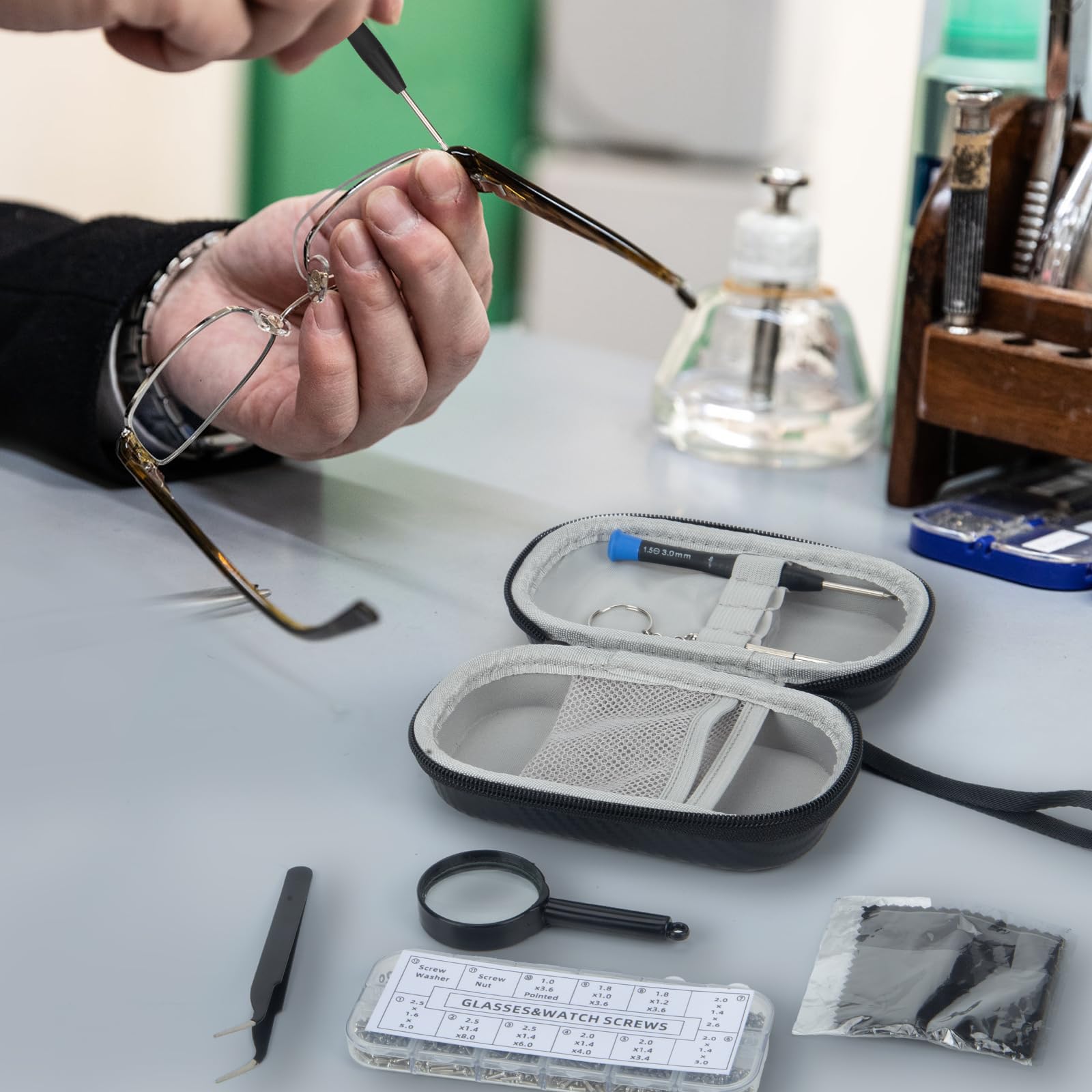 Travel-friendly eyeglass repair kit in compact portable case
